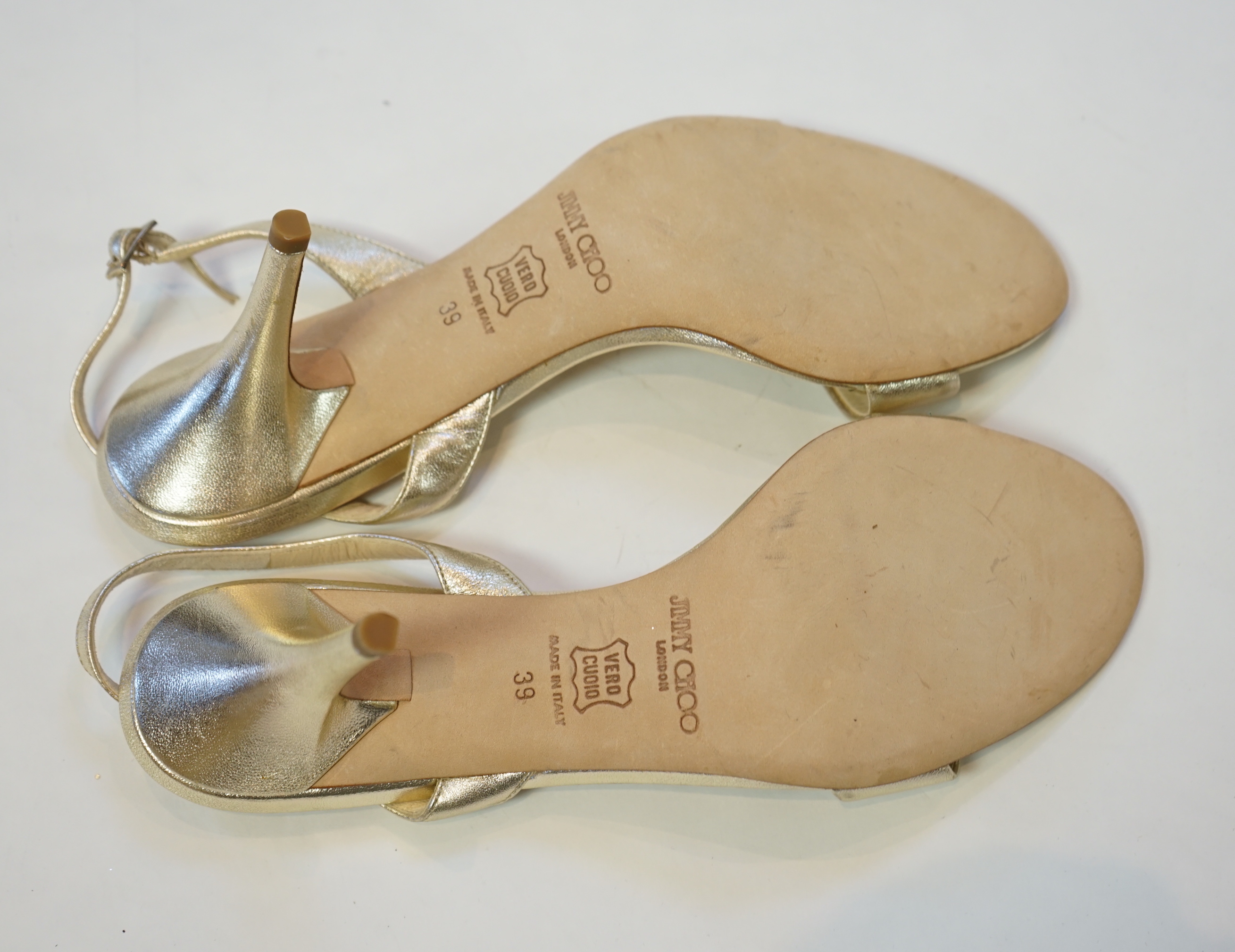 Two pairs of Jimmy Choo gold lady's heeled shoes, size EU 39